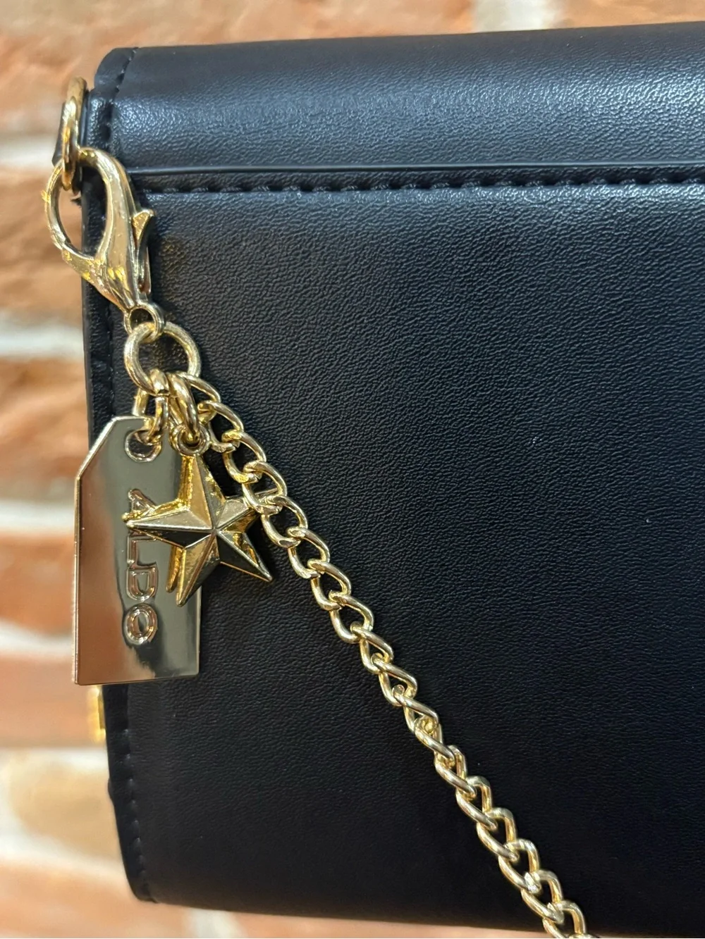 ALDO Black Faux Leather Envelope Clutch with Gold Chain